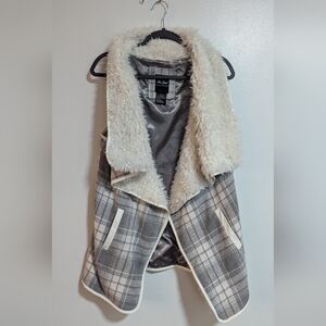 Me Jane Wool Blend Gray White Plaid Draped Open Front Faux Fur Lined Sweater L